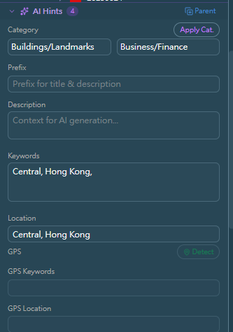 AI hints panel — set a location, prefix, category, and keywords once to guide AI metadata generation across a folder of stock photos