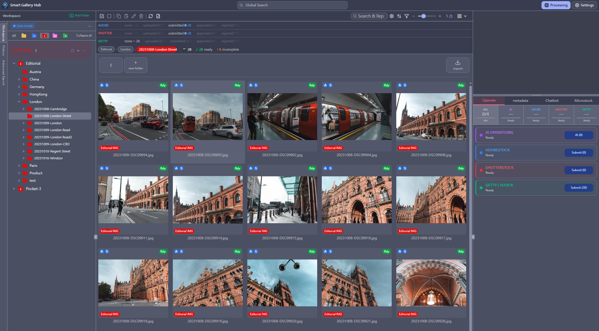 Smart Gallery Hub workspace showing image library with metadata panel and content type folders